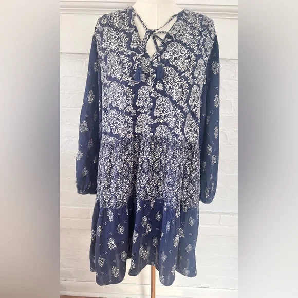Anthropologie Maeve Carlita Tierd Tunic Dress Cotton Blue Floral Mini Boho - Picture 4 of 13